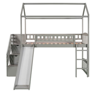 English Elm Twin House Loft Bed with Slide Two Drawers Storage Steps Kids Playroom Gray LT100130AAE