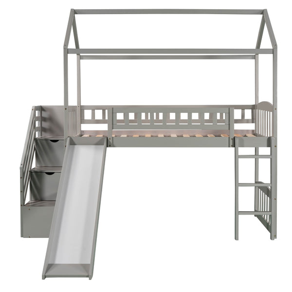 English Elm Twin House Loft Bed with Slide Two Drawers Storage Steps Kids Playroom Gray LT100130AAE