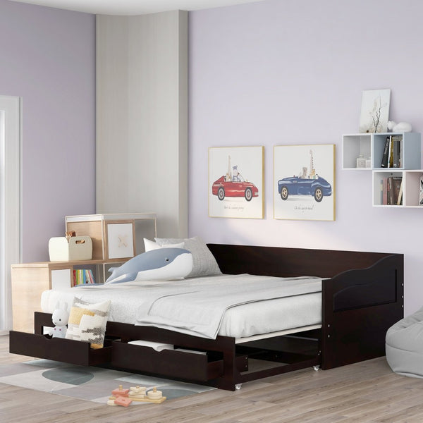 English Elm Wooden Twin Daybed with Pull Out Trundle and Dual Storage Drawers for Guest Rooms Espresso LP000519AAP-1
