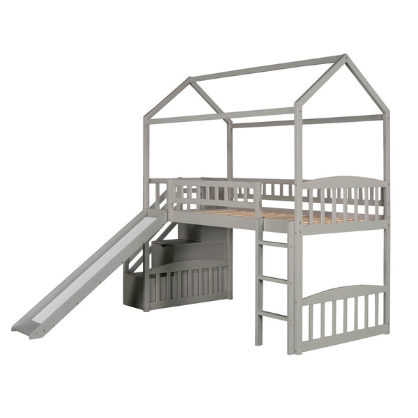 English Elm Twin House Loft Bed with Slide Two Drawers Storage Steps Kids Playroom Gray LT100130AAE