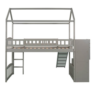 English Elm Twin House Loft Bed with Slide Two Drawers Storage Steps Kids Playroom Gray LT100130AAE