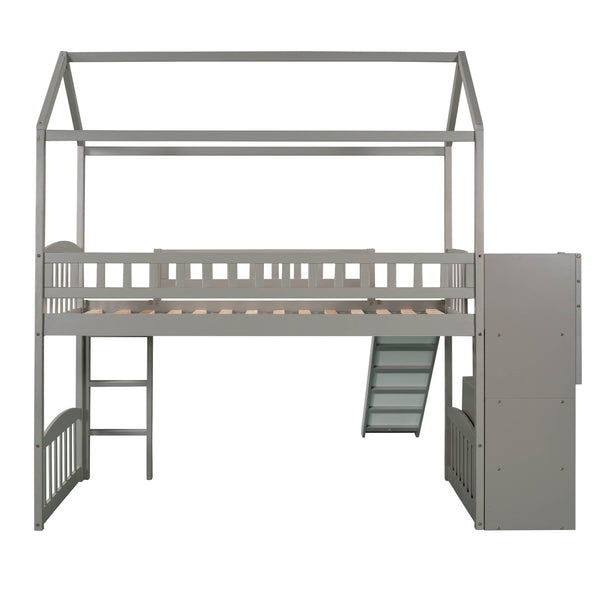 English Elm Twin House Loft Bed with Slide Two Drawers Storage Steps Kids Playroom Gray LT100130AAE
