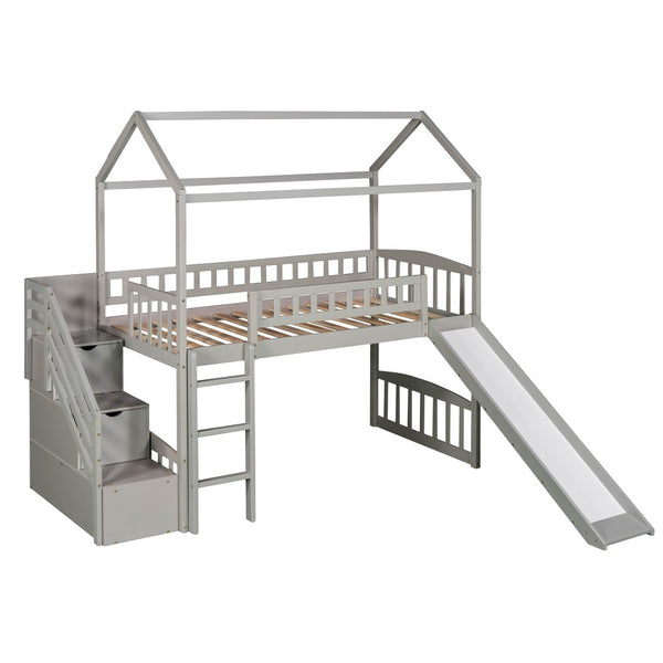English Elm Twin House Loft Bed with Slide Two Drawers Storage Steps Kids Playroom Gray LT100130AAE