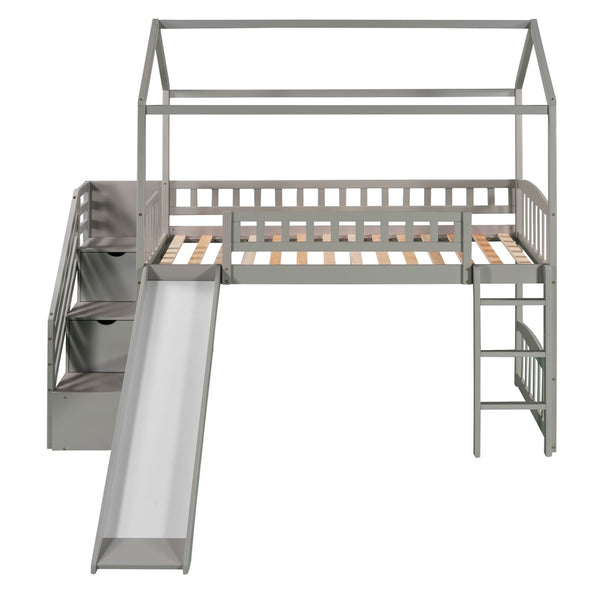 English Elm Twin House Loft Bed with Slide Two Drawers Storage Steps Kids Playroom Gray LT100130AAE