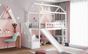 English Elm Twin House Loft Bed with Slide Two Drawers Storage Steps Kids Playroom Gray LT100130AAK
