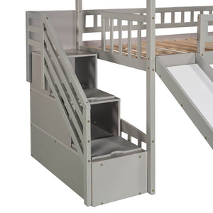 English Elm Twin House Loft Bed with Slide Two Drawers Storage Steps Kids Playroom Gray LT100130AAE