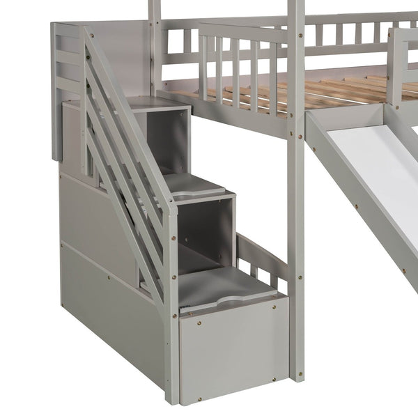English Elm Twin House Loft Bed with Slide Two Drawers Storage Steps Kids Playroom Gray LT100130AAE