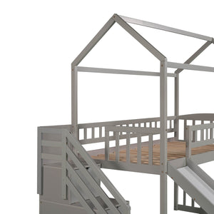 English Elm Twin House Loft Bed with Slide Two Drawers Storage Steps Kids Playroom Gray LT100130AAE
