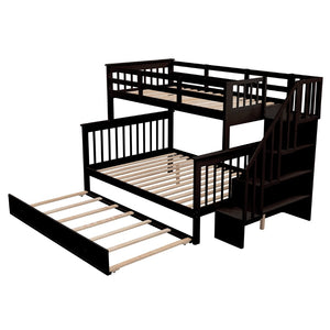 English Elm Stairway Twin Over Full Bunk Bed with Trundle Stair Storage and Guard Rail Espresso LT000119AAP-1