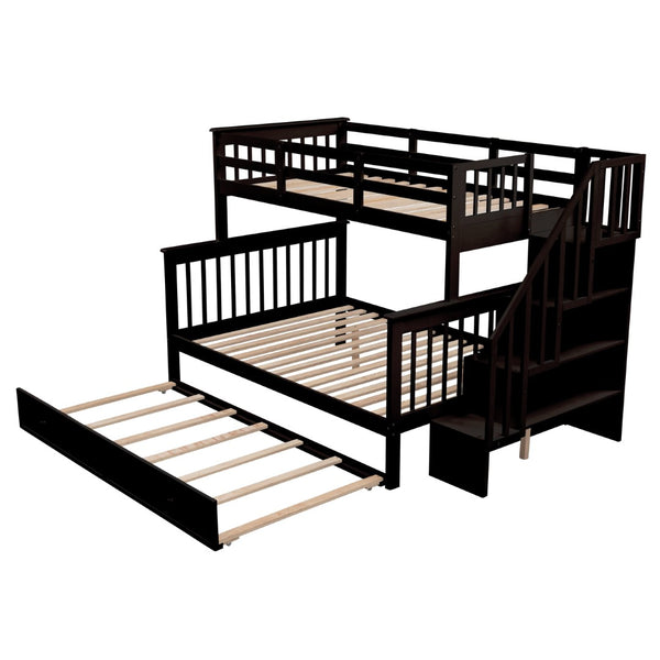 English Elm Stairway Twin Over Full Bunk Bed with Trundle Stair Storage and Guard Rail Espresso LT000119AAP-1