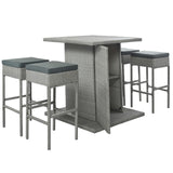 5 Piece PE Wicker Patio Dining Table Set with Storage Shelf and 4 Padded Stools