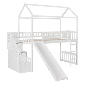 English Elm Twin House Loft Bed with Slide Two Drawers Storage Steps Kids Playroom Gray LT100130AAK