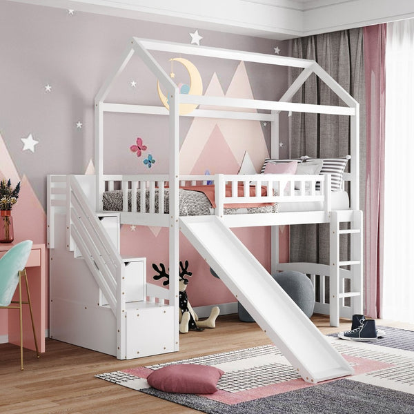English Elm Twin House Loft Bed with Slide Two Drawers Storage Steps Kids Playroom Gray LT100130AAK
