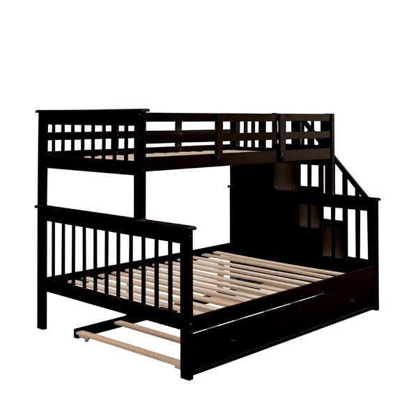 English Elm Stairway Twin Over Full Bunk Bed with Trundle Stair Storage and Guard Rail Espresso LT000119AAP-1