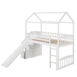 English Elm Twin House Loft Bed with Slide Two Drawers Storage Steps Kids Playroom Gray LT100130AAK