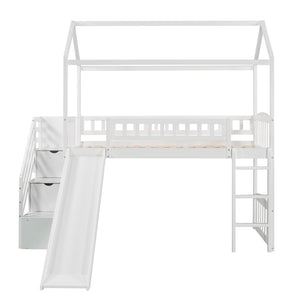 English Elm Twin House Loft Bed with Slide Two Drawers Storage Steps Kids Playroom Gray LT100130AAK