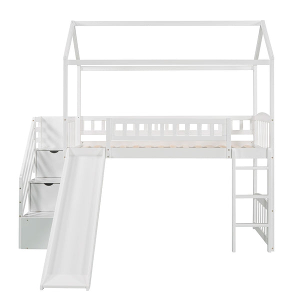 English Elm Twin House Loft Bed with Slide Two Drawers Storage Steps Kids Playroom Gray LT100130AAK