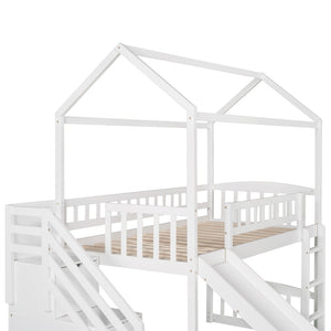 English Elm Twin House Loft Bed with Slide Two Drawers Storage Steps Kids Playroom Gray LT100130AAK
