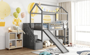 English Elm Twin House Loft Bed with Slide Two Drawers Storage Steps Kids Playroom Gray LT100130AAE