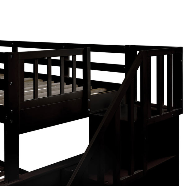 English Elm Stairway Twin Over Full Bunk Bed with Trundle Stair Storage and Guard Rail Espresso LT000119AAP-1
