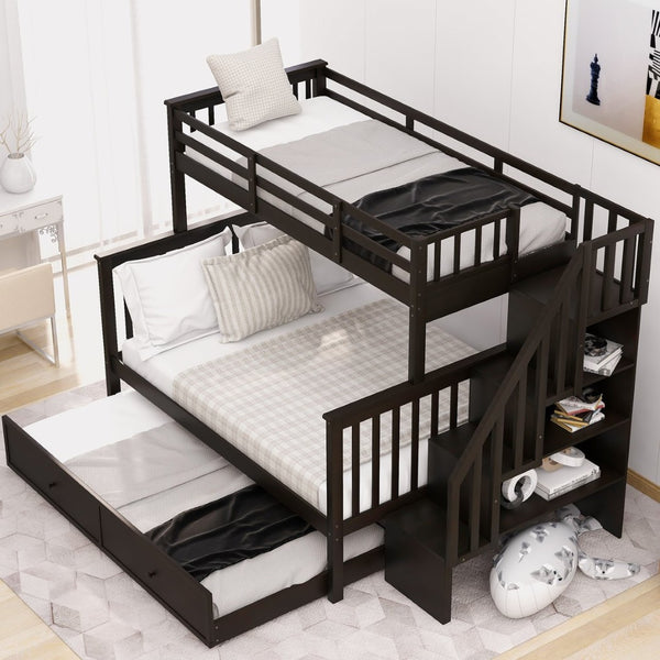 English Elm Stairway Twin Over Full Bunk Bed with Trundle Stair Storage and Guard Rail Espresso LT000119AAP-1