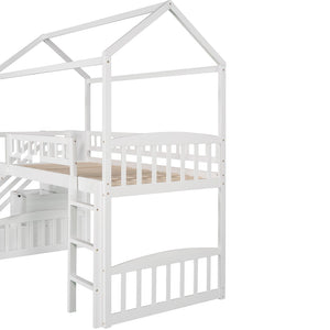 English Elm Twin House Loft Bed with Slide Two Drawers Storage Steps Kids Playroom Gray LT100130AAK