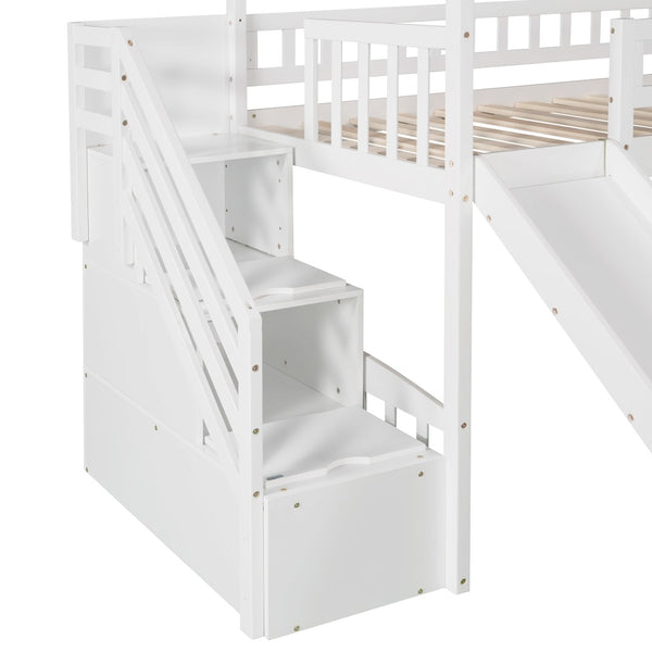 English Elm Twin House Loft Bed with Slide Two Drawers Storage Steps Kids Playroom Gray LT100130AAK