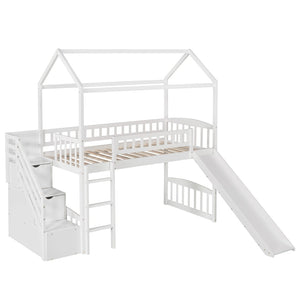 English Elm Twin House Loft Bed with Slide Two Drawers Storage Steps Kids Playroom Gray LT100130AAK