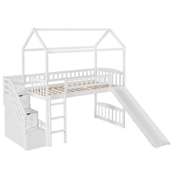 English Elm Twin House Loft Bed with Slide Two Drawers Storage Steps Kids Playroom Gray LT100130AAK