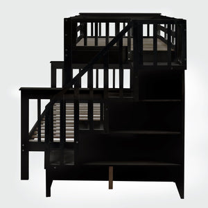 English Elm Stairway Twin Over Full Bunk Bed with Trundle Stair Storage and Guard Rail Espresso LT000119AAP-1