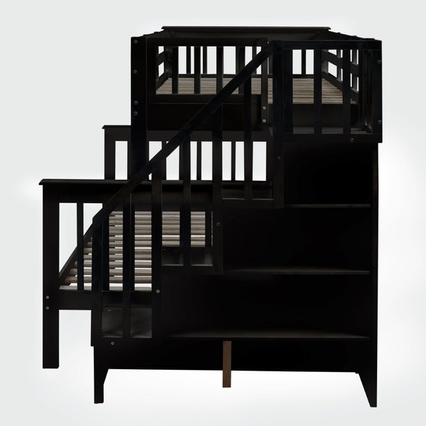 English Elm Stairway Twin Over Full Bunk Bed with Trundle Stair Storage and Guard Rail Espresso LT000119AAP-1