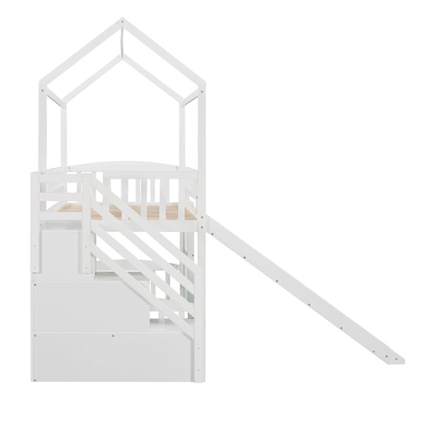 English Elm Twin House Loft Bed with Slide Two Drawers Storage Steps Kids Playroom Gray LT100130AAK