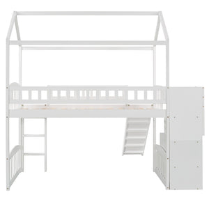 English Elm Twin House Loft Bed with Slide Two Drawers Storage Steps Kids Playroom Gray LT100130AAK