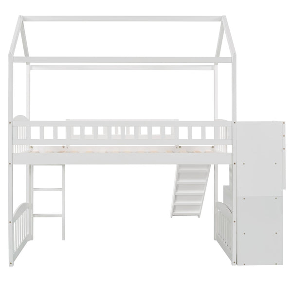English Elm Twin House Loft Bed with Slide Two Drawers Storage Steps Kids Playroom Gray LT100130AAK