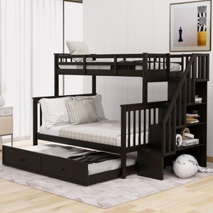 English Elm Stairway Twin Over Full Bunk Bed with Trundle Stair Storage and Guard Rail Espresso LT000119AAP-1