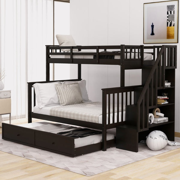 English Elm Stairway Twin Over Full Bunk Bed with Trundle Stair Storage and Guard Rail Espresso LT000119AAP-1