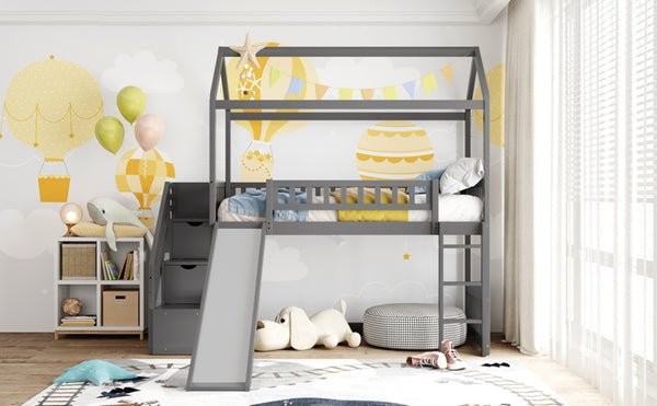 English Elm Twin House Loft Bed with Slide Two Drawers Storage Steps Kids Playroom Gray LT100130AAE