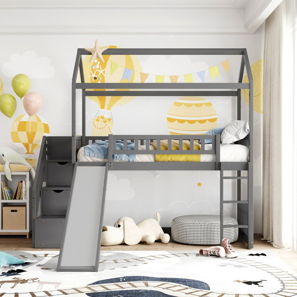 English Elm Twin House Loft Bed with Slide Two Drawers Storage Steps Kids Playroom Gray LT100130AAE