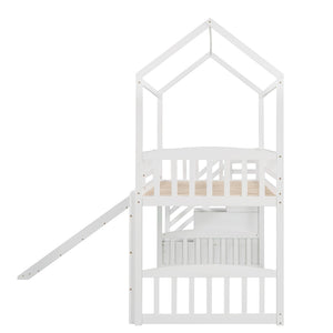 English Elm Twin House Loft Bed with Slide Two Drawers Storage Steps Kids Playroom Gray LT100130AAK
