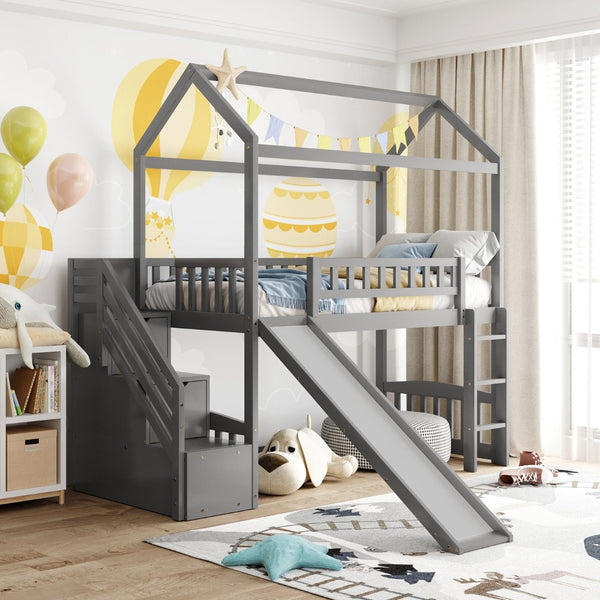 English Elm Twin House Loft Bed with Slide Two Drawers Storage Steps Kids Playroom Gray LT100130AAE