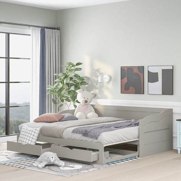 English Elm Wooden Twin Daybed with Pull Out Trundle and Dual Storage Drawers for Guest Rooms Gray LP000519AAE-1