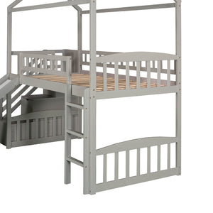 English Elm Twin House Loft Bed with Slide Two Drawers Storage Steps Kids Playroom Gray LT100130AAE