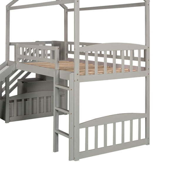 English Elm Twin House Loft Bed with Slide Two Drawers Storage Steps Kids Playroom Gray LT100130AAE