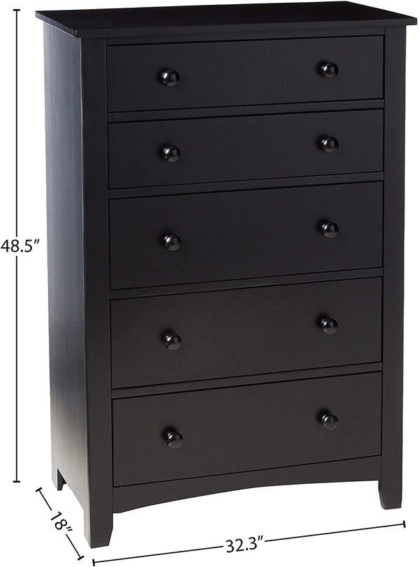English Elm Contemporary 5-Drawer Chest with Pine Veneer & Open Shelf for Bedroom Storage, Sleek Minimal Design Black 51 L x 35 W x 20 H HS00F4237-ID-AHD