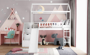English Elm Twin House Loft Bed with Slide Two Drawers Storage Steps Kids Playroom Gray LT100130AAK