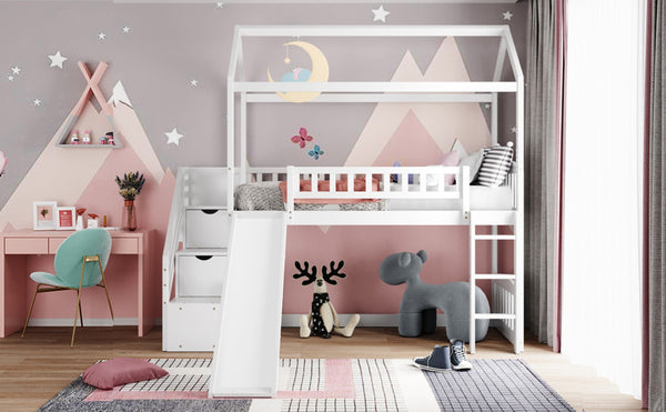 English Elm Twin House Loft Bed with Slide Two Drawers Storage Steps Kids Playroom Gray LT100130AAK