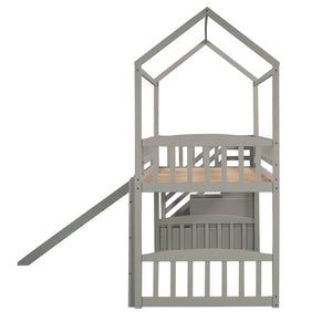 English Elm Twin House Loft Bed with Slide Two Drawers Storage Steps Kids Playroom Gray LT100130AAE