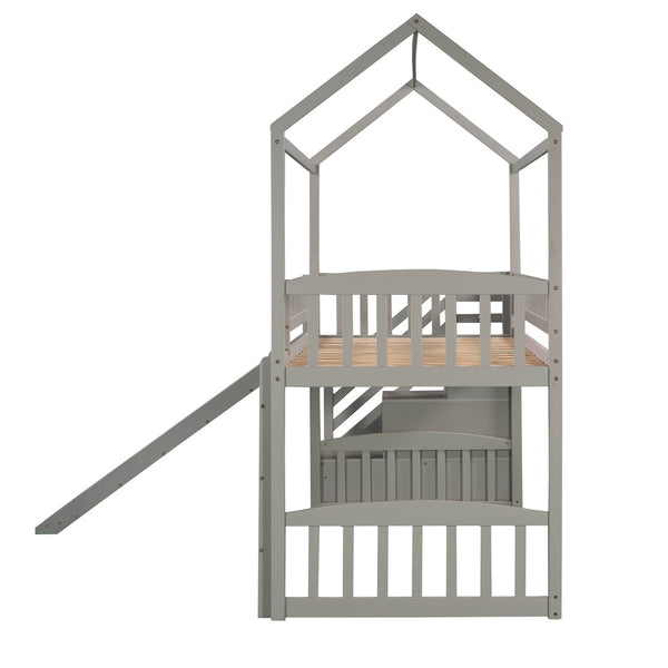 English Elm Twin House Loft Bed with Slide Two Drawers Storage Steps Kids Playroom Gray LT100130AAE
