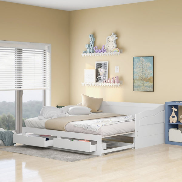 English Elm Wooden Twin Daybed with Pull Out Trundle and Dual Storage Drawers for Guest Rooms White LP000519AAK-1