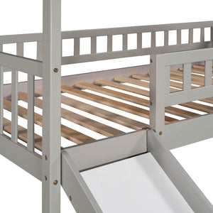 English Elm Twin House Loft Bed with Slide Two Drawers Storage Steps Kids Playroom Gray LT100130AAE